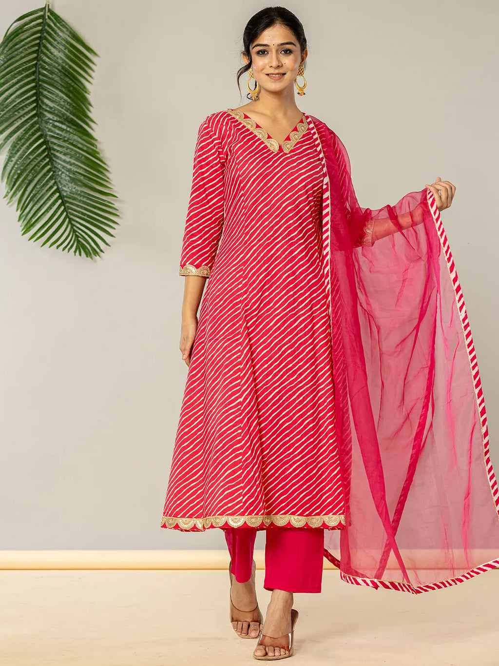 Yufta Pink Leheriya Print Cotton A-Line Suit Set | Grocsy