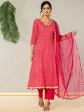 Yufta Pink Leheriya Print Cotton A-Line Suit Set | Grocsy