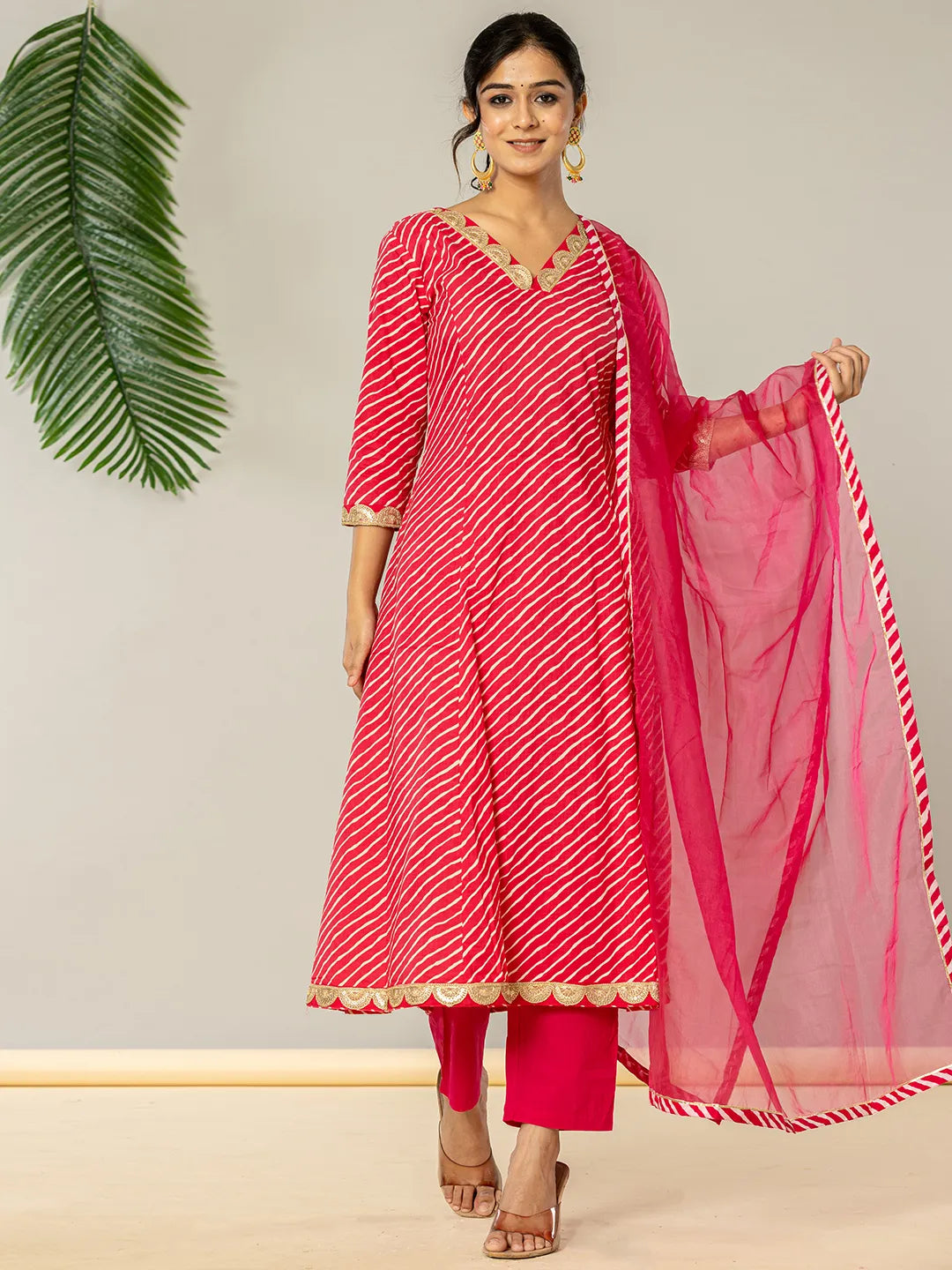 Yufta Pink Leheriya Print Cotton A-Line Suit Set | Grocsy