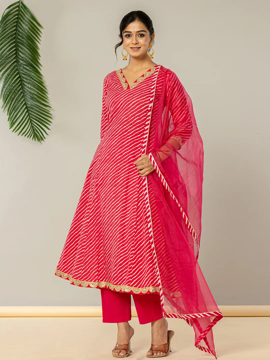 Yufta Pink Leheriya Print Cotton A-Line Suit Set | Grocsy