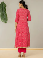 Yufta Pink Leheriya Print Cotton A-Line Suit Set | Grocsy