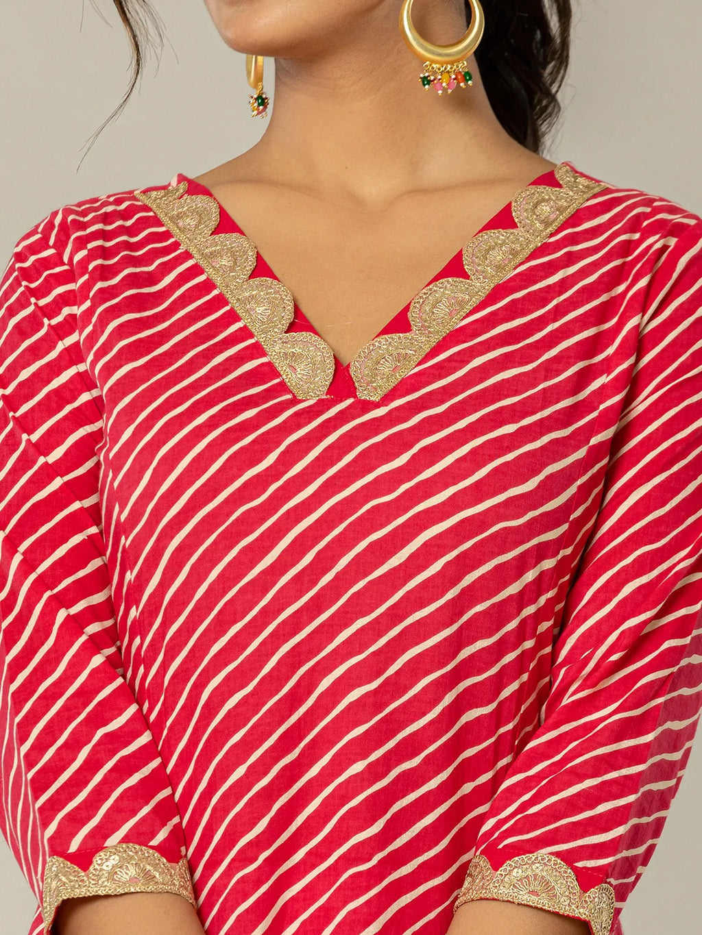 Yufta Pink Leheriya Print Cotton A-Line Suit Set | Grocsy