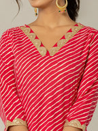 Yufta Pink Leheriya Print Cotton A-Line Suit Set | Grocsy