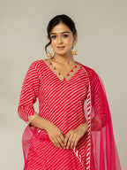 Yufta Pink Leheriya Print Cotton A-Line Suit Set | Grocsy