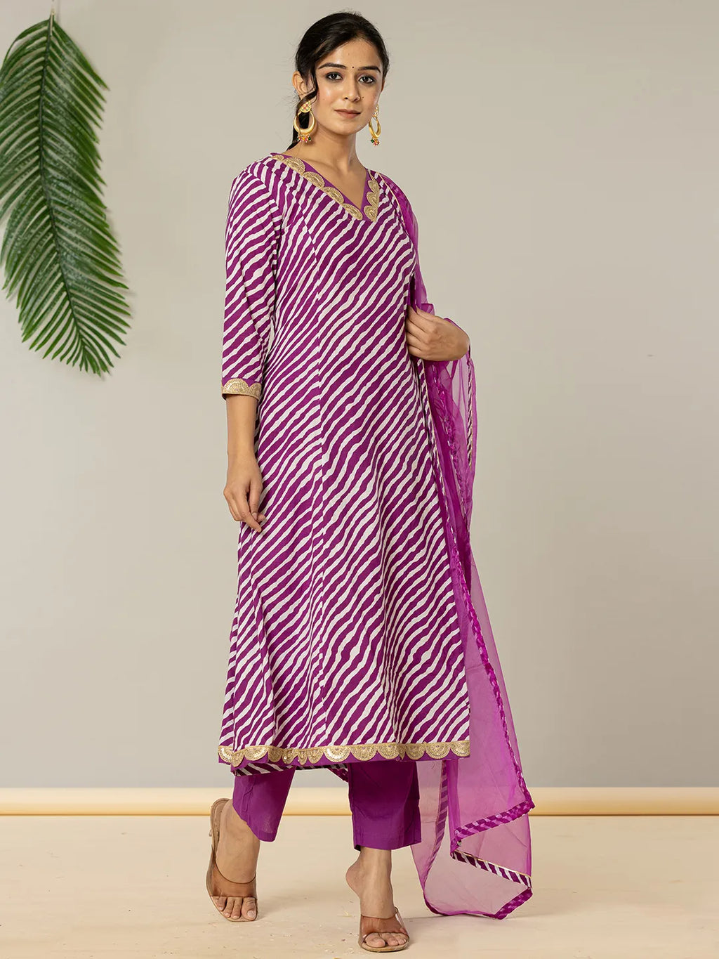 Yufta Purple Leheriya Print Cotton A-Line Suit Set | Grocsy