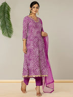 Yufta Purple Leheriya Print Cotton A-Line Suit Set | Grocsy