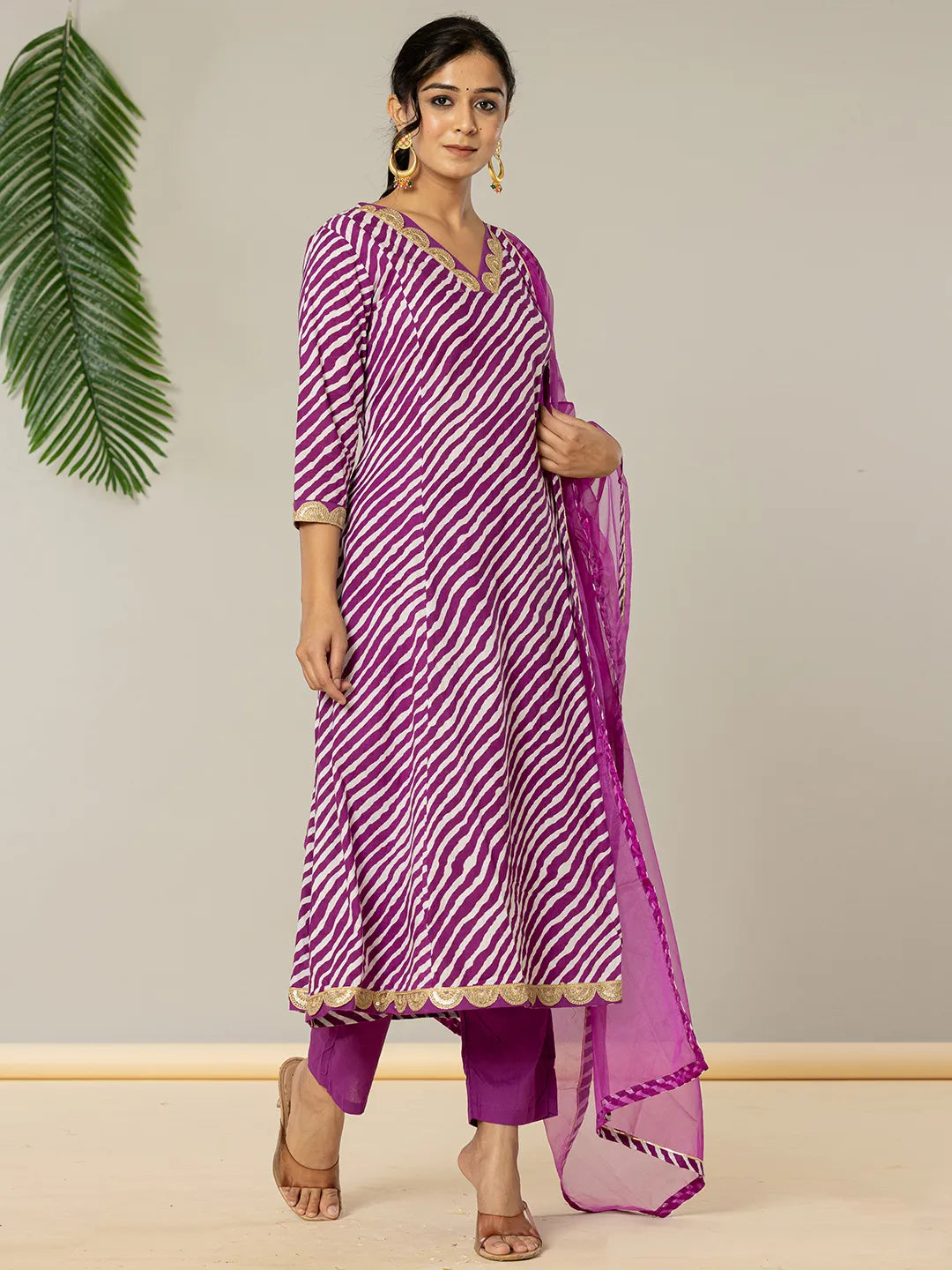 Yufta Purple Leheriya Print Cotton A-Line Suit Set | Grocsy