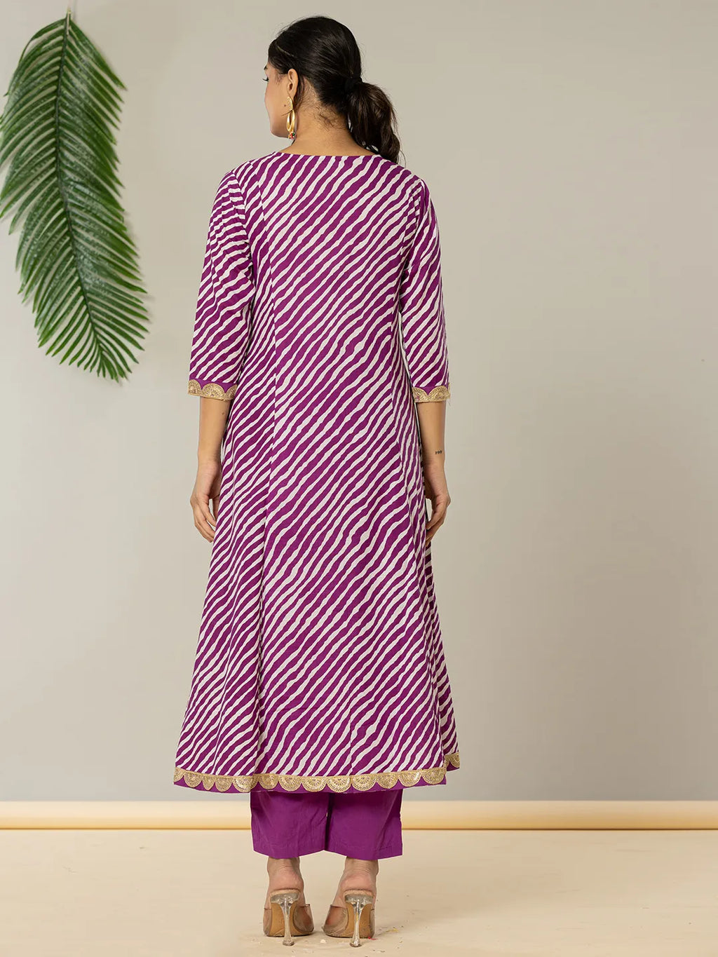Yufta Purple Leheriya Print Cotton A-Line Suit Set | Grocsy