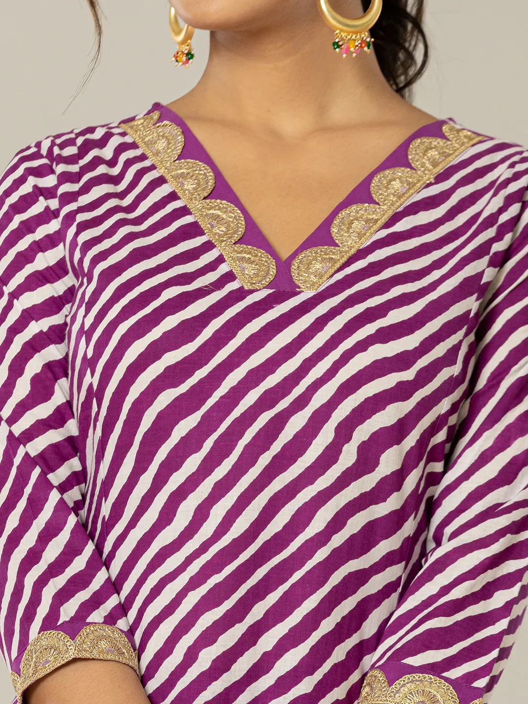 Yufta Purple Leheriya Print Cotton A-Line Suit Set | Grocsy