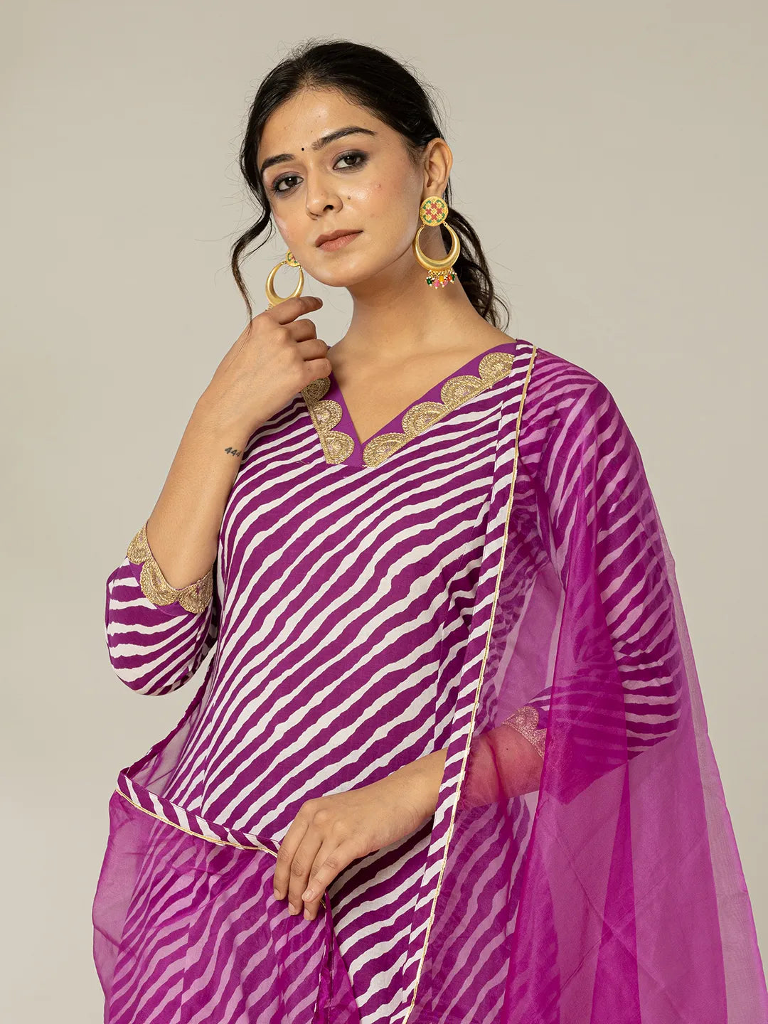 Yufta Purple Leheriya Print Cotton A-Line Suit Set | Grocsy