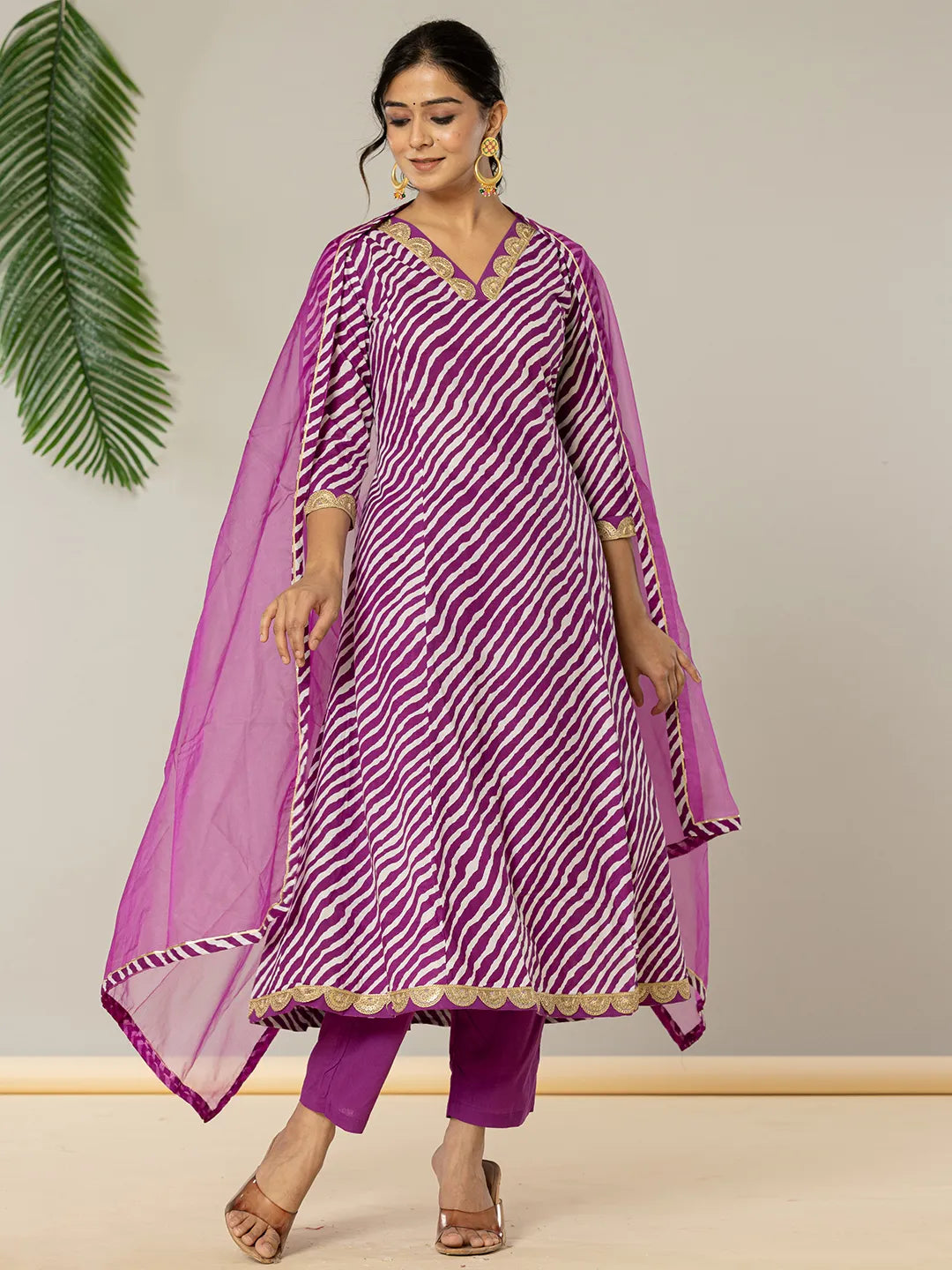 Yufta Purple Leheriya Print Cotton A-Line Suit Set | Grocsy