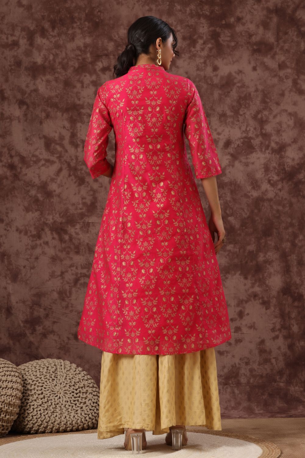 Juniper Womens Fuschia Chanderi Foil Printed Kurta | Grocsy