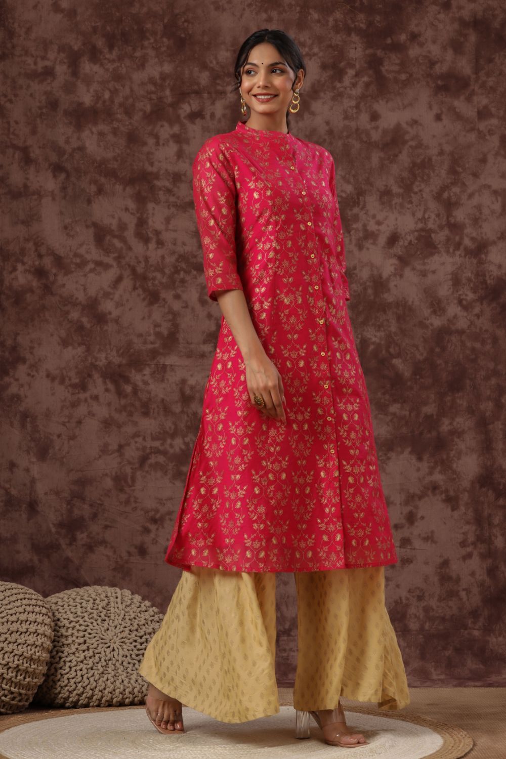 Juniper Womens Fuschia Chanderi Foil Printed Kurta | Grocsy