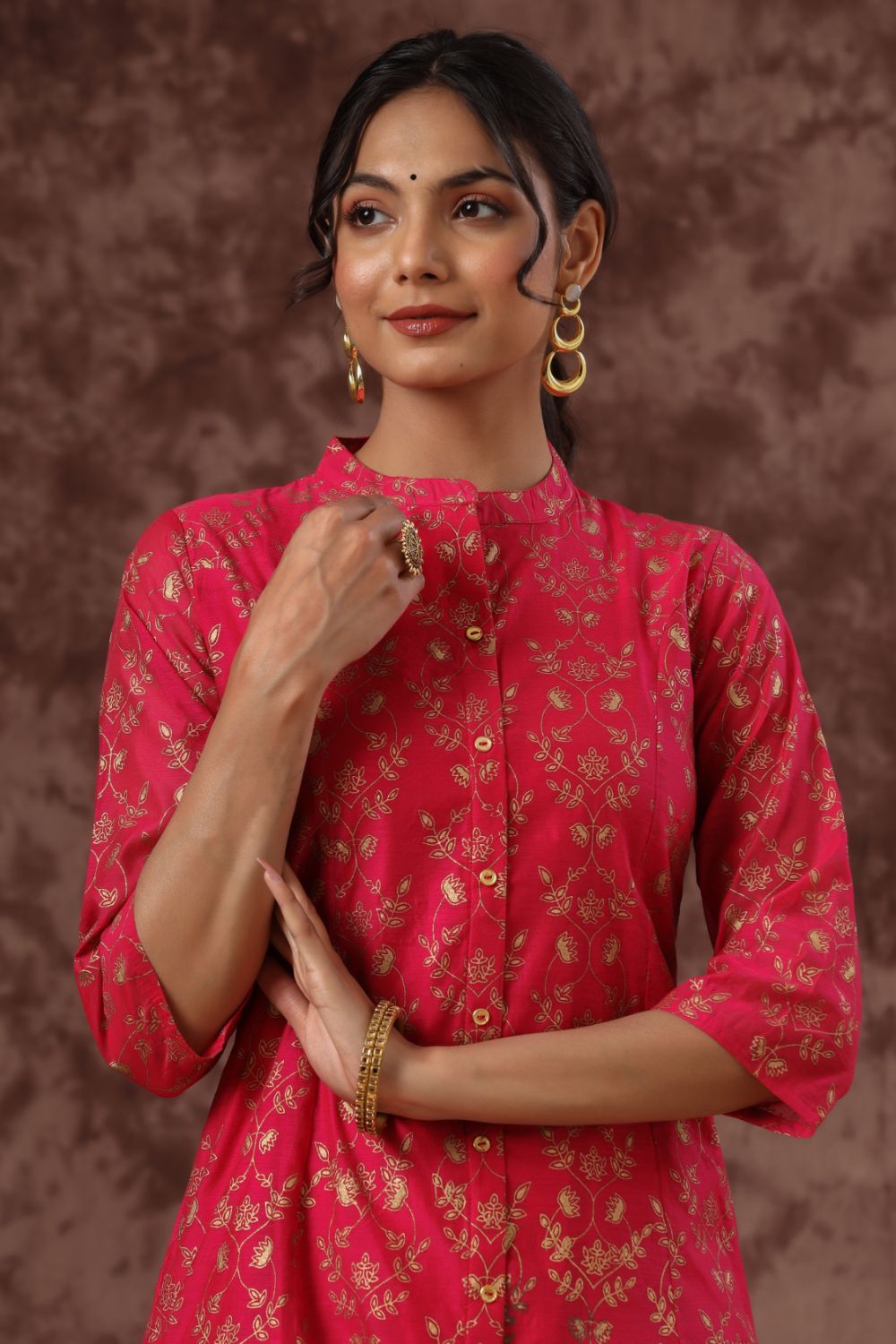 Juniper Womens Fuschia Chanderi Foil Printed Kurta | Grocsy