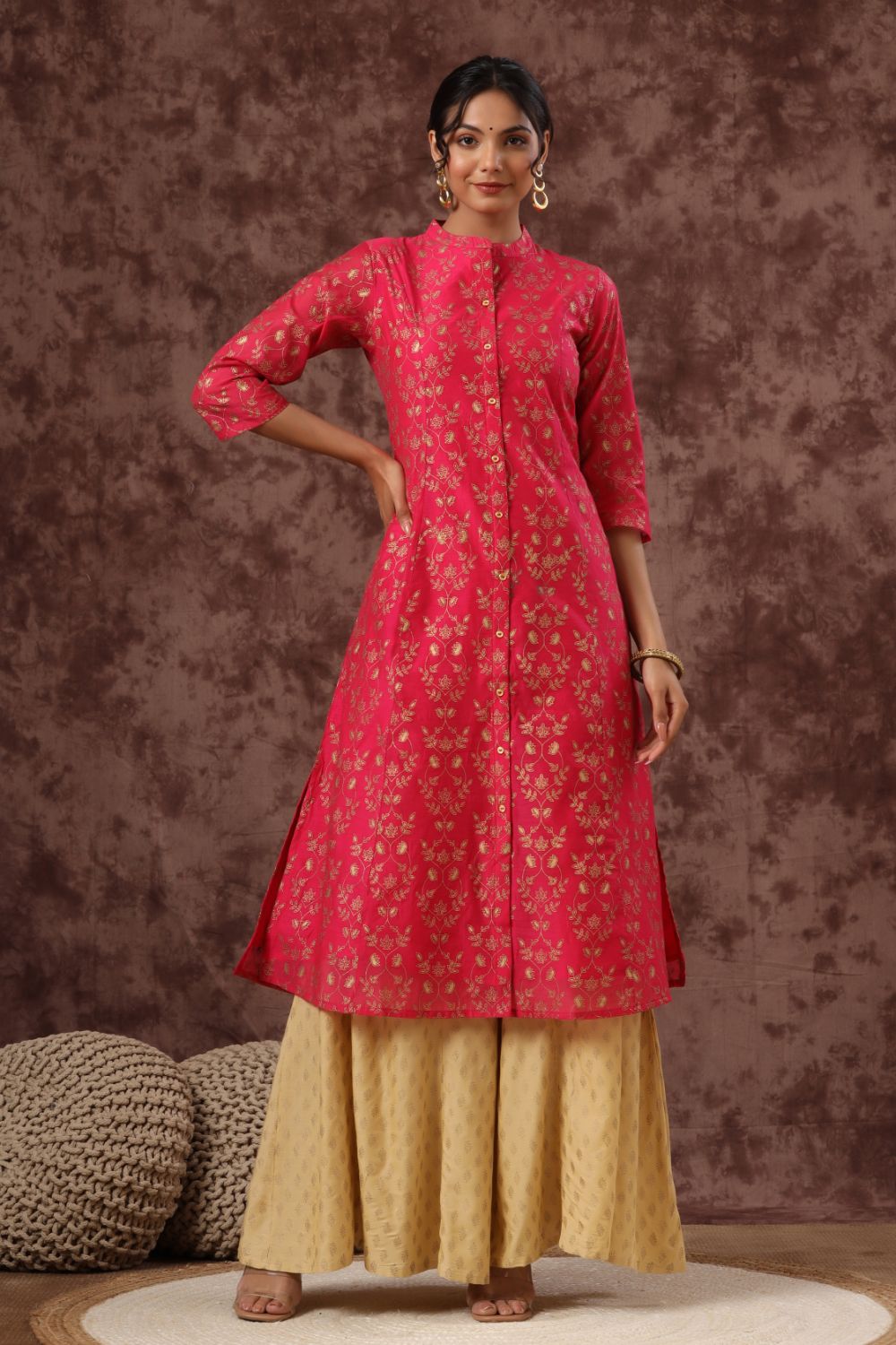 Juniper Womens Fuschia Chanderi Foil Printed Kurta | Grocsy