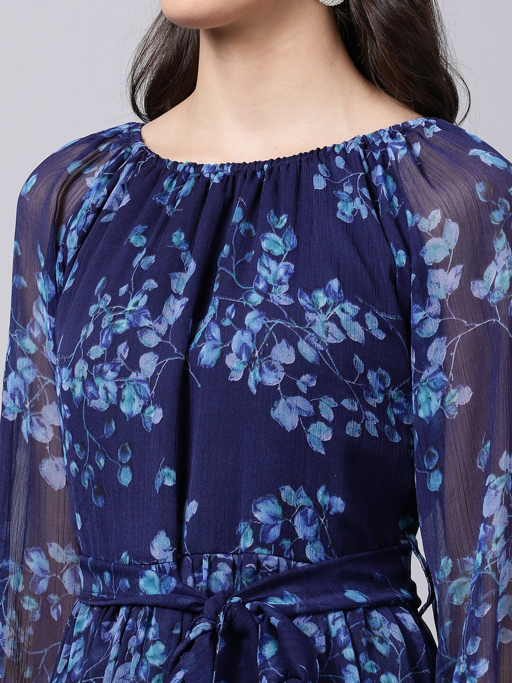 Souchii Navy Blue Floral Layered Chiffon A-Line Midi Dress | Grocsy
