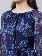 Souchii Navy Blue Floral Layered Chiffon A-Line Midi Dress | Grocsy