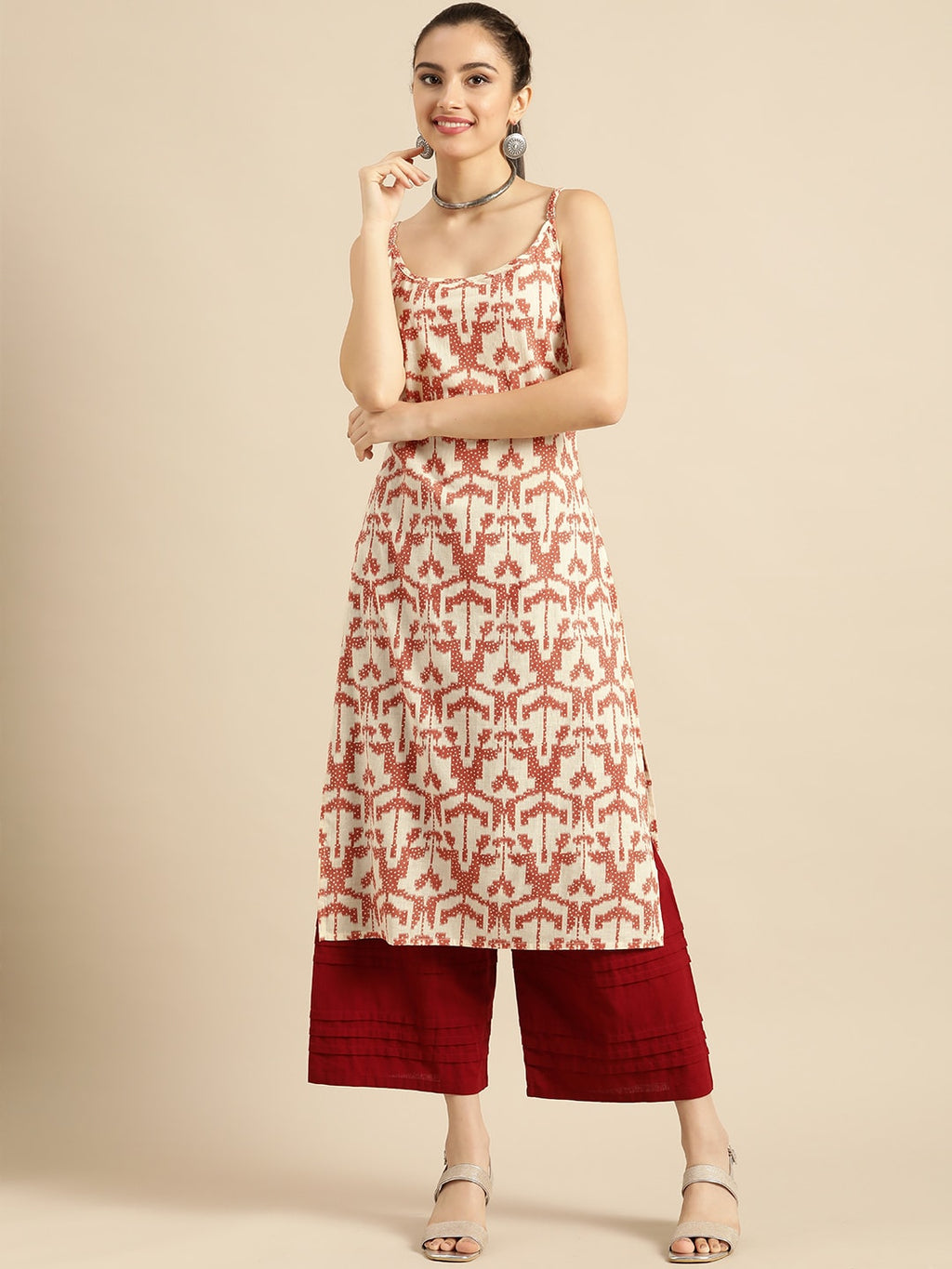 Sangria Women White & Rust Red Printed Cotton Kurta | Grocsy