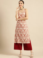 Sangria Women White & Rust Red Printed Cotton Kurta | Grocsy