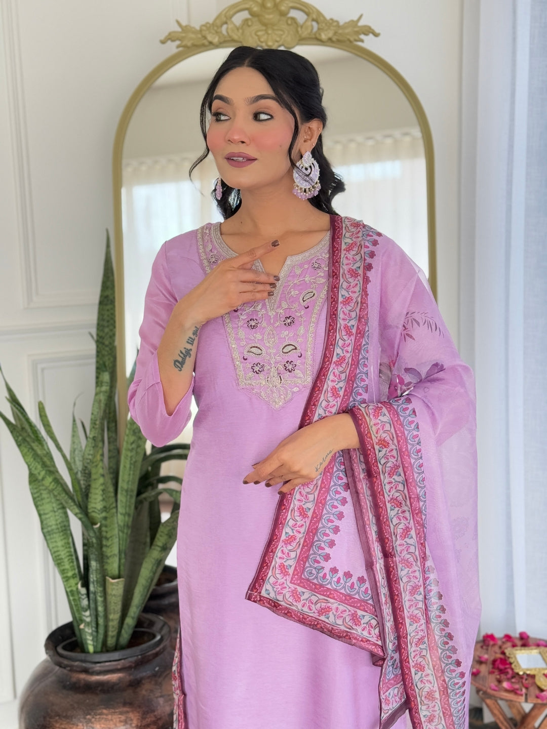 The52 Women's Gorgeous Rayon Embroidery work Straight Kurta with Pant and Dupatta Set | Grocsy