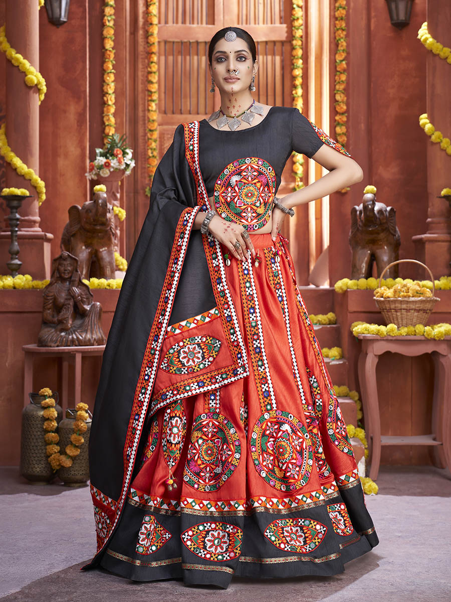 Myra Red Art Silk Gamthi Work Designer Lehenga | Grocsy