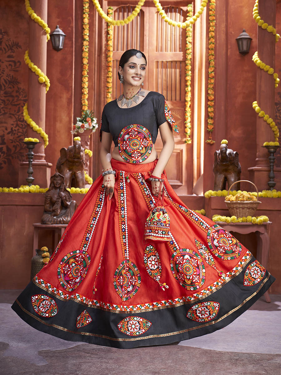 Myra Red Art Silk Gamthi Work Designer Lehenga | Grocsy