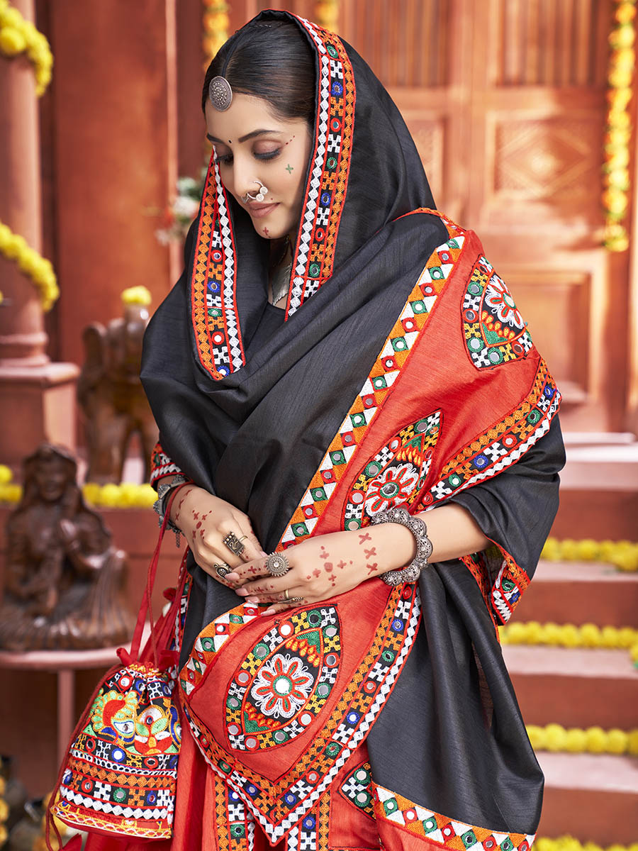 Myra Red Art Silk Gamthi Work Designer Lehenga | Grocsy