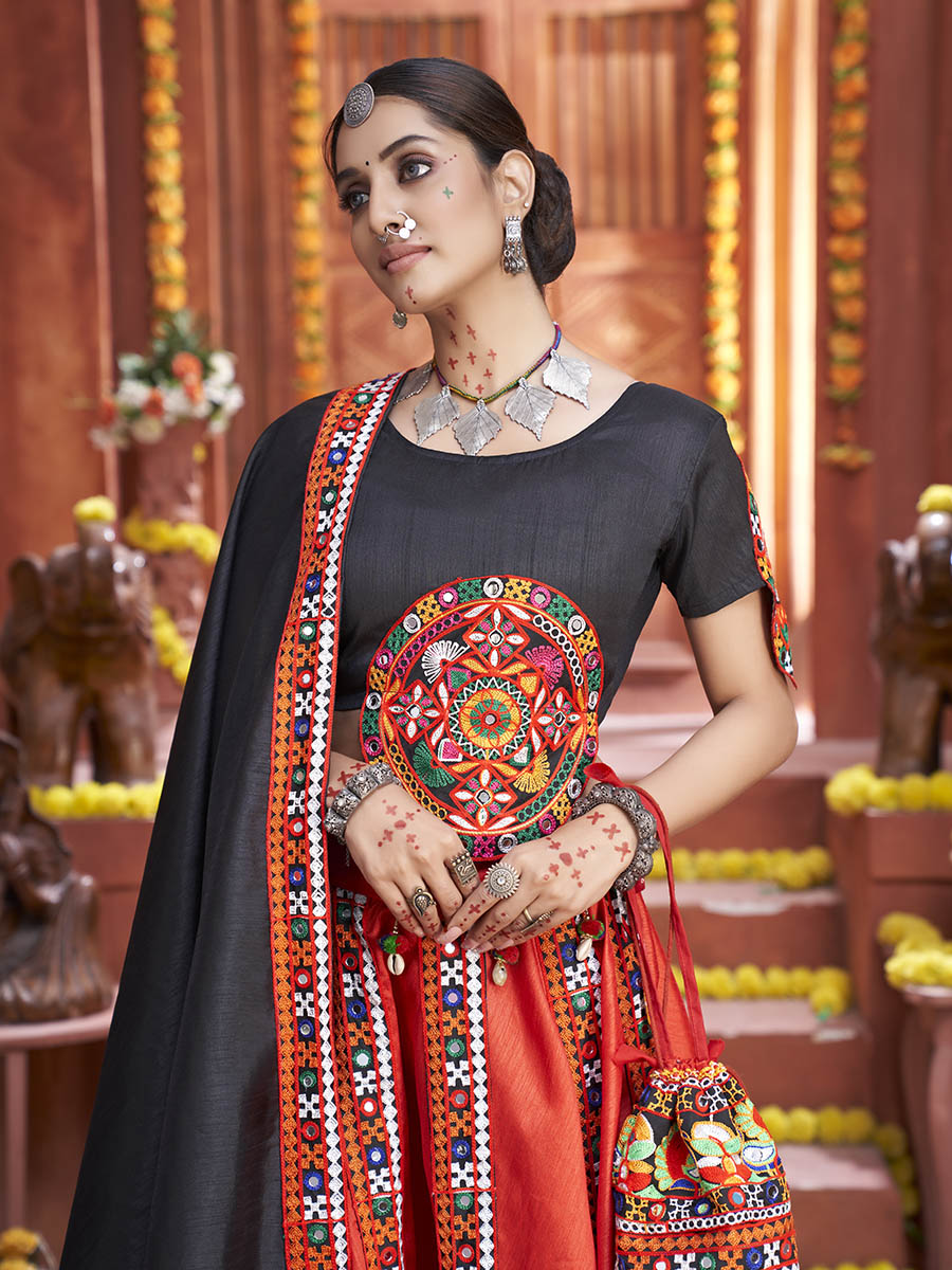 Myra Red Art Silk Gamthi Work Designer Lehenga | Grocsy