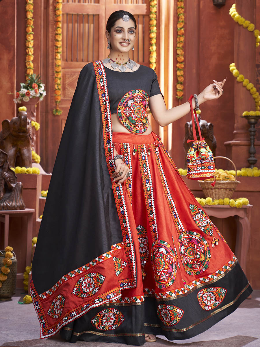 Myra Red Art Silk Gamthi Work Designer Lehenga | Grocsy