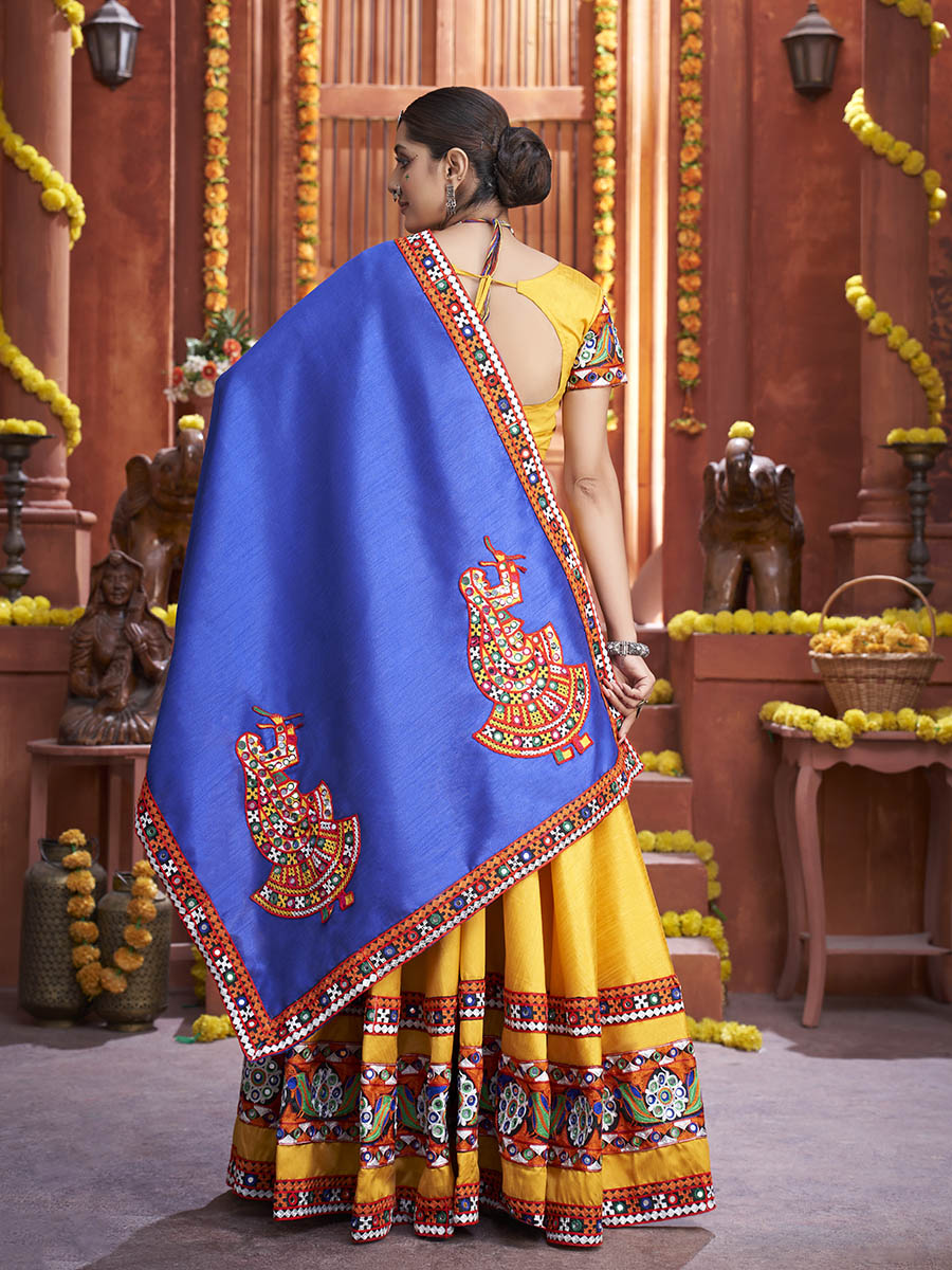 Myra Yellow Art Silk Gamthi Work Designer Lehenga | Grocsy