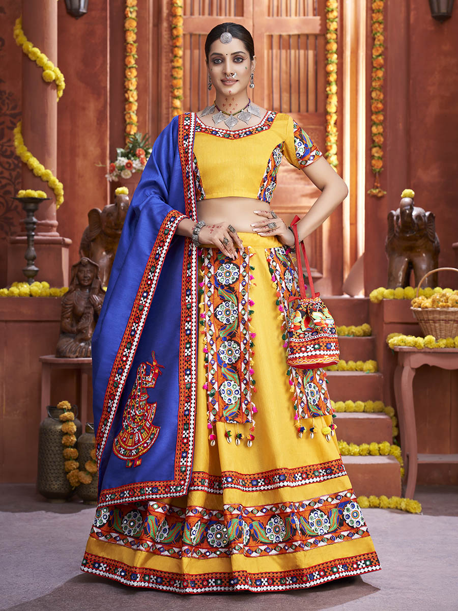 Myra Yellow Art Silk Gamthi Work Designer Lehenga | Grocsy