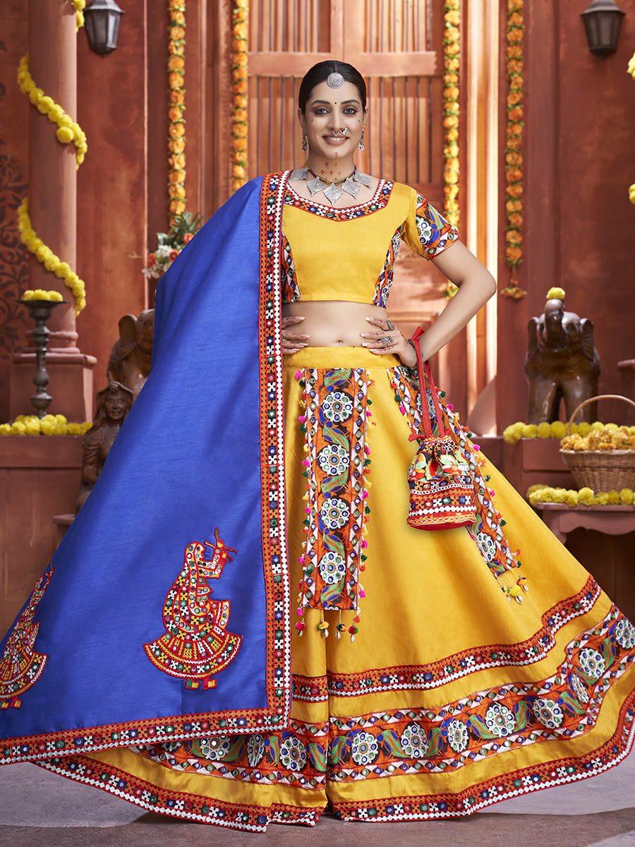 Myra Yellow Art Silk Gamthi Work Designer Lehenga | Grocsy