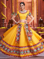 Myra Yellow Art Silk Gamthi Work Designer Lehenga | Grocsy