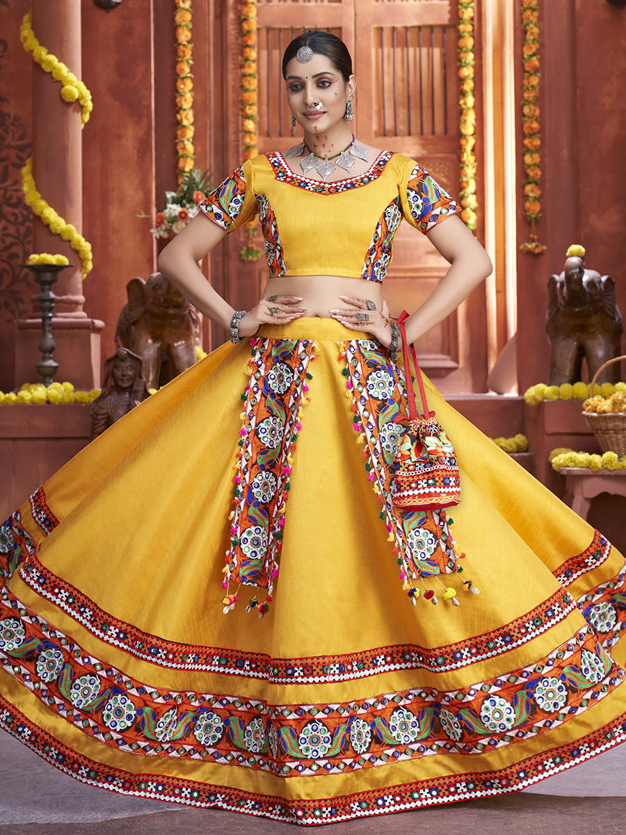 Myra Yellow Art Silk Gamthi Work Designer Lehenga | Grocsy