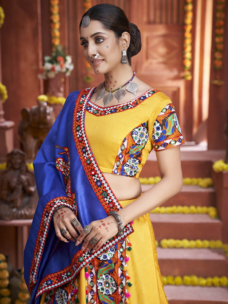 Myra Yellow Art Silk Gamthi Work Designer Lehenga | Grocsy