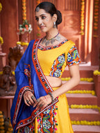 Myra Yellow Art Silk Gamthi Work Designer Lehenga | Grocsy