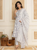 Yufta White Thread_Work Rayon Straight Kurta And Trouser With Dupatta | Grocsy