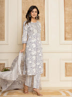 Yufta White Thread_Work Rayon Straight Kurta And Trouser With Dupatta | Grocsy
