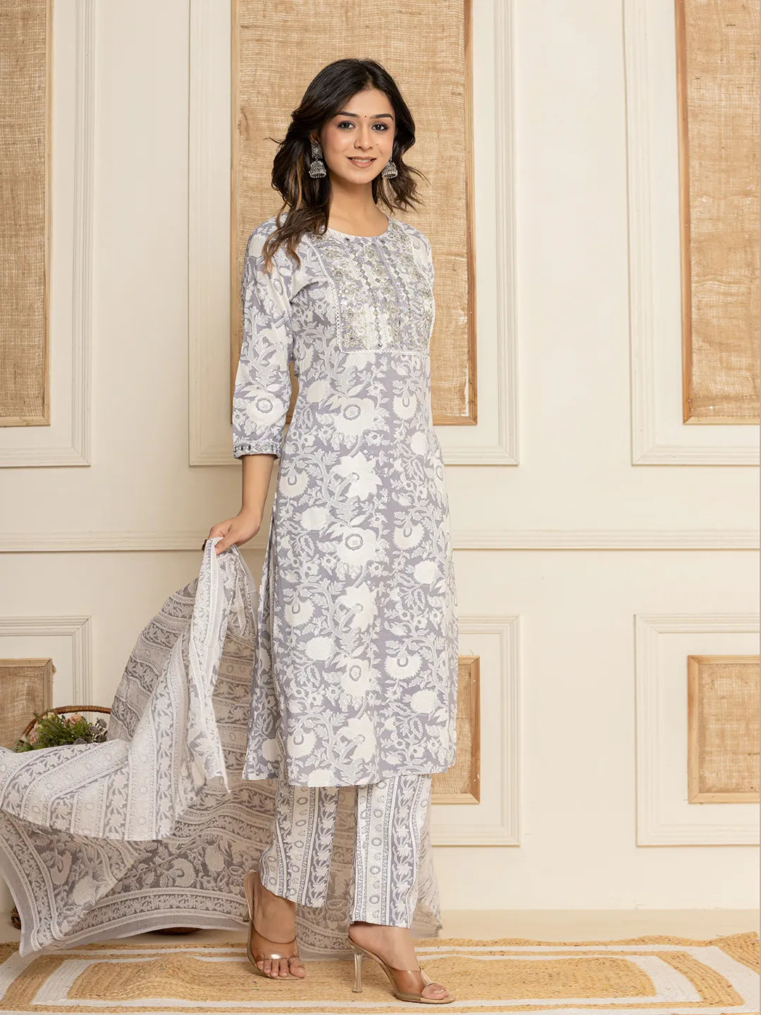 Yufta White Thread_Work Rayon Straight Kurta And Trouser With Dupatta | Grocsy