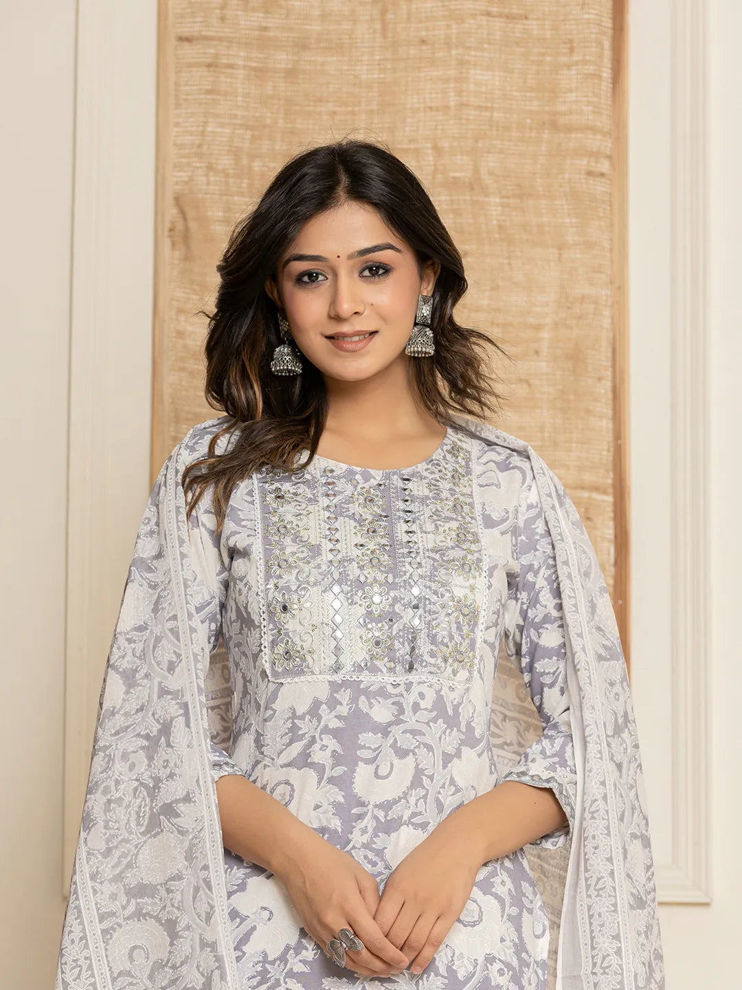 Yufta White Thread_Work Rayon Straight Kurta And Trouser With Dupatta | Grocsy