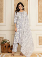 Yufta White Thread_Work Rayon Straight Kurta And Trouser With Dupatta | Grocsy