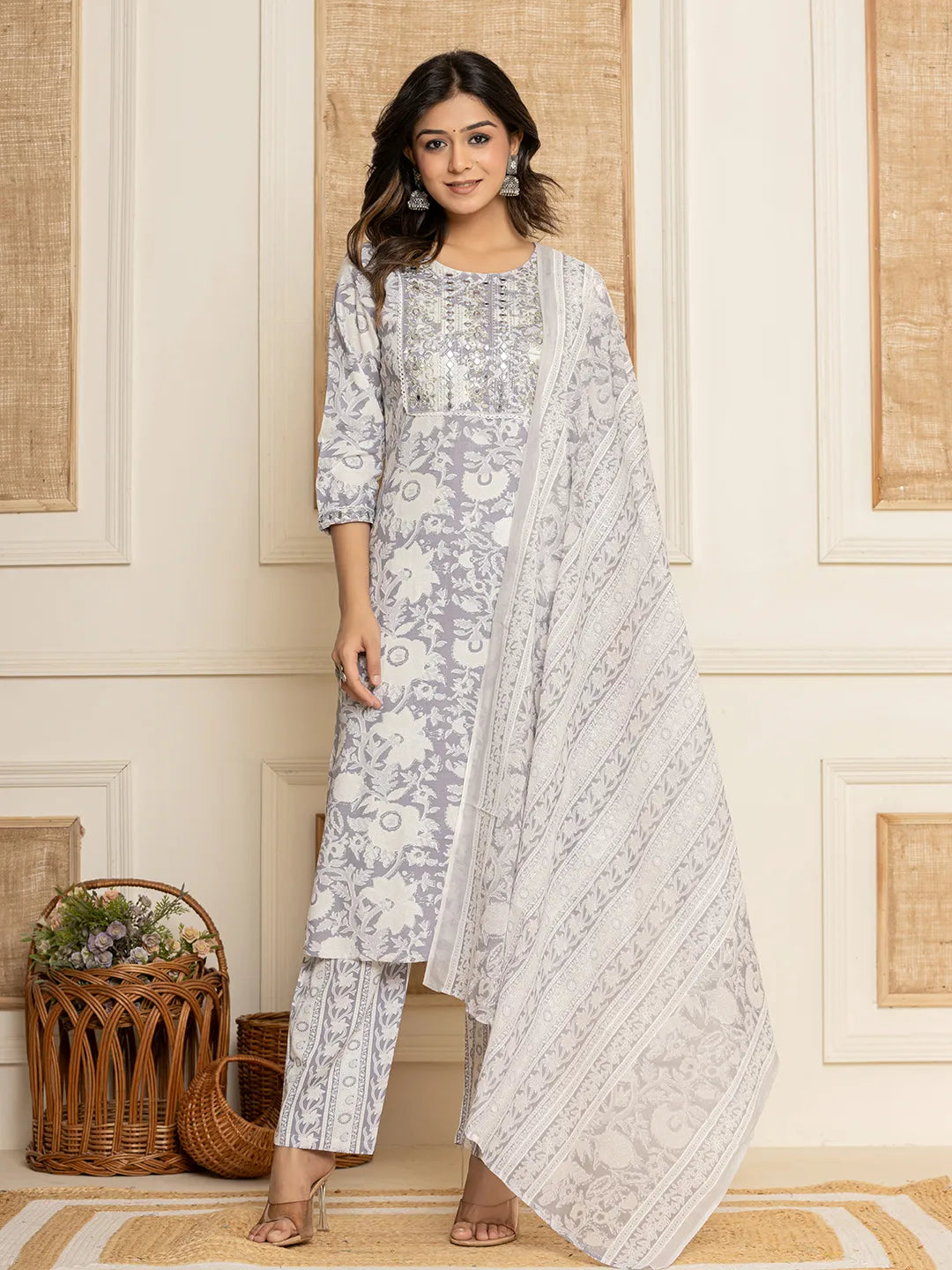 Yufta White Thread_Work Rayon Straight Kurta And Trouser With Dupatta | Grocsy