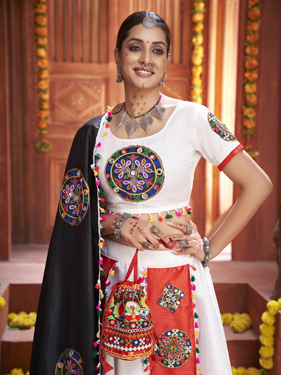 Myra White Art Silk Gamthi Work Designer Lehenga | Grocsy