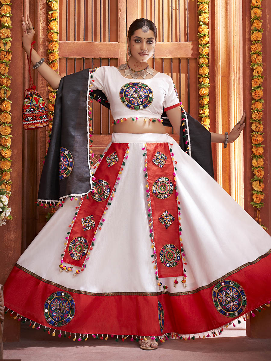 Myra White Art Silk Gamthi Work Designer Lehenga | Grocsy