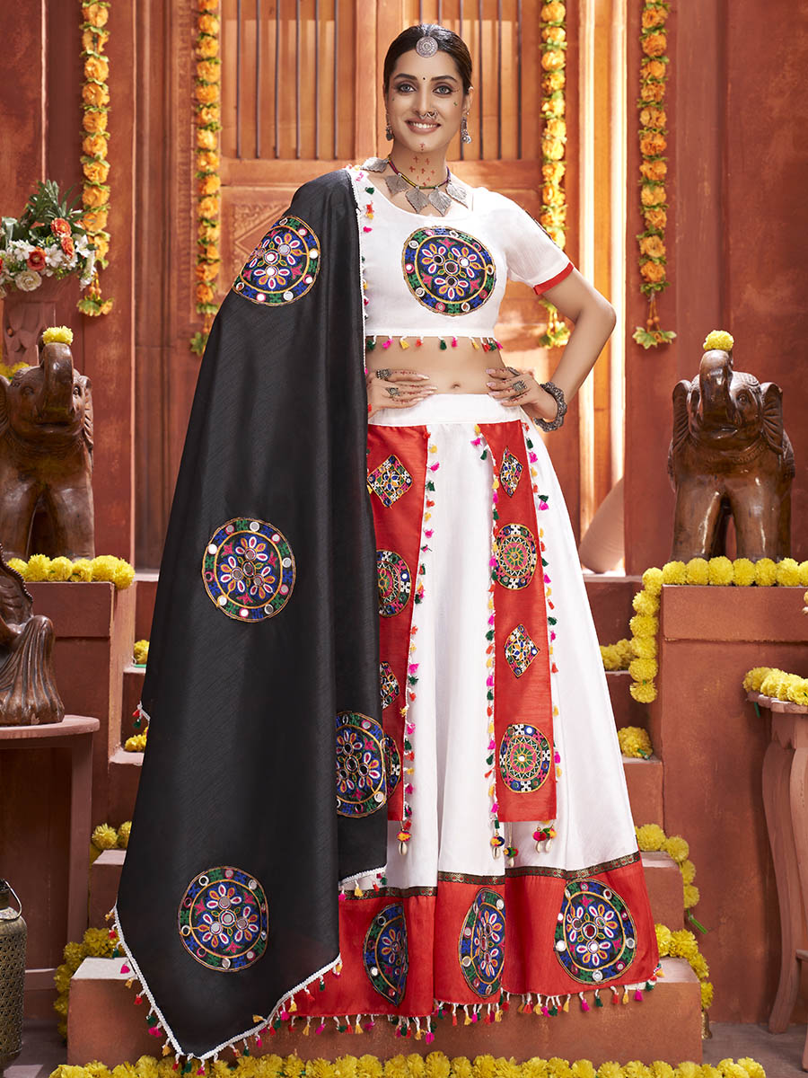 Myra White Art Silk Gamthi Work Designer Lehenga | Grocsy