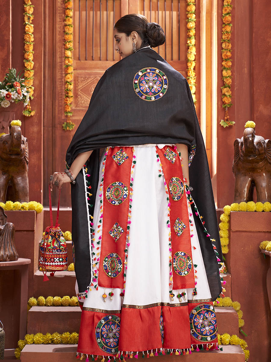 Myra White Art Silk Gamthi Work Designer Lehenga | Grocsy