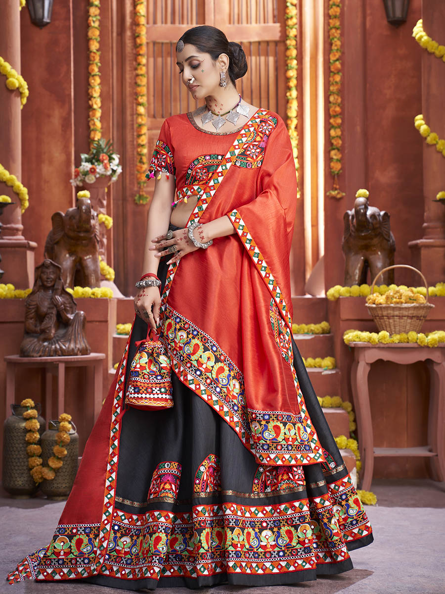 Myra Black Art Silk Gamthi Work Designer Lehenga | Grocsy