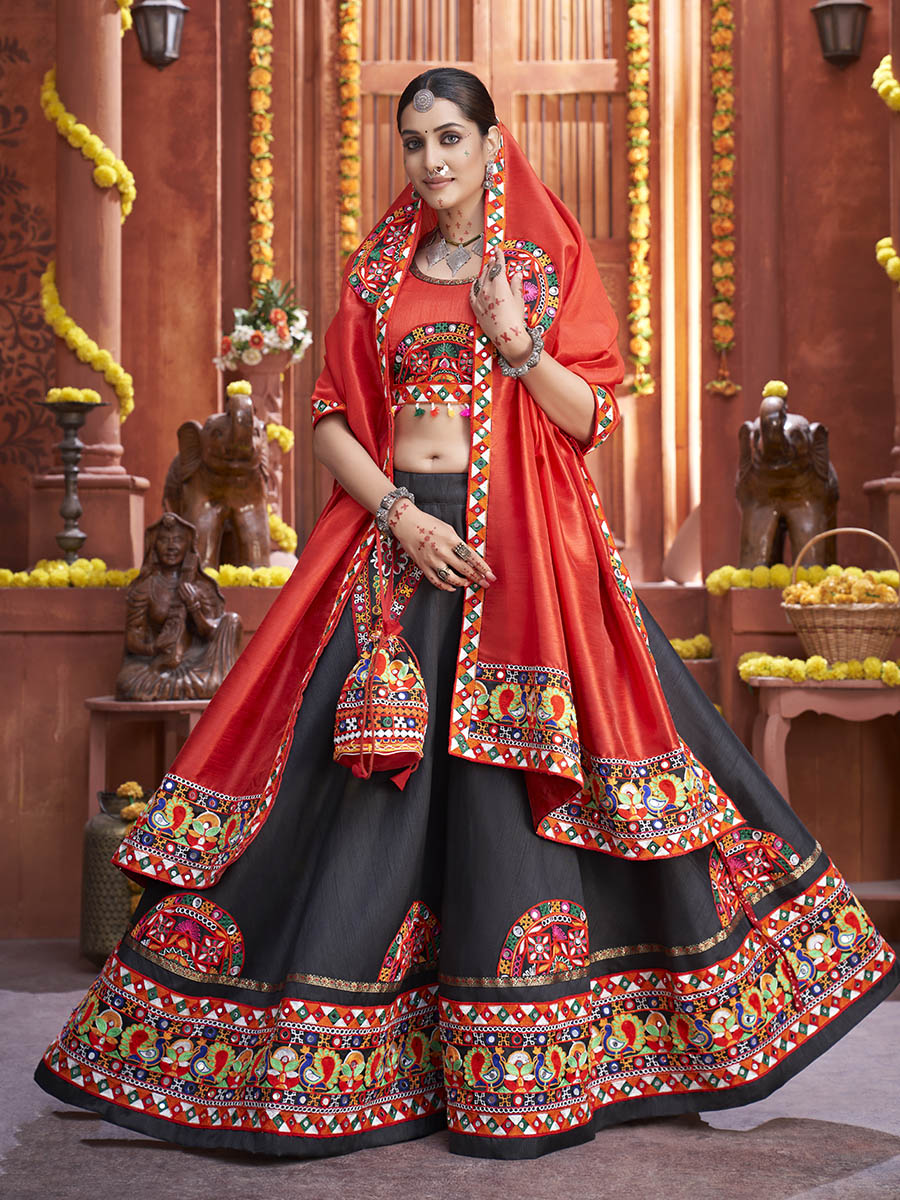 Myra Black Art Silk Gamthi Work Designer Lehenga | Grocsy