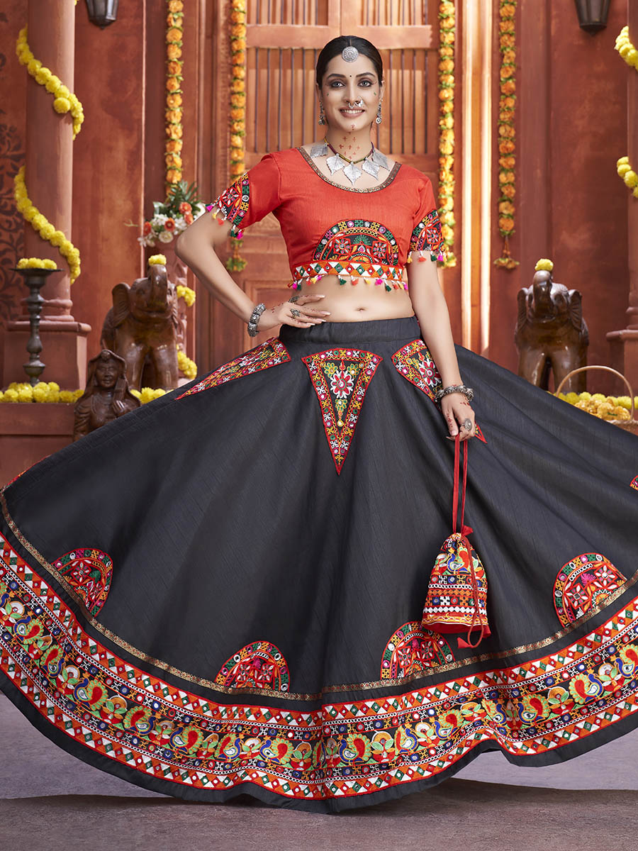 Myra Black Art Silk Gamthi Work Designer Lehenga | Grocsy