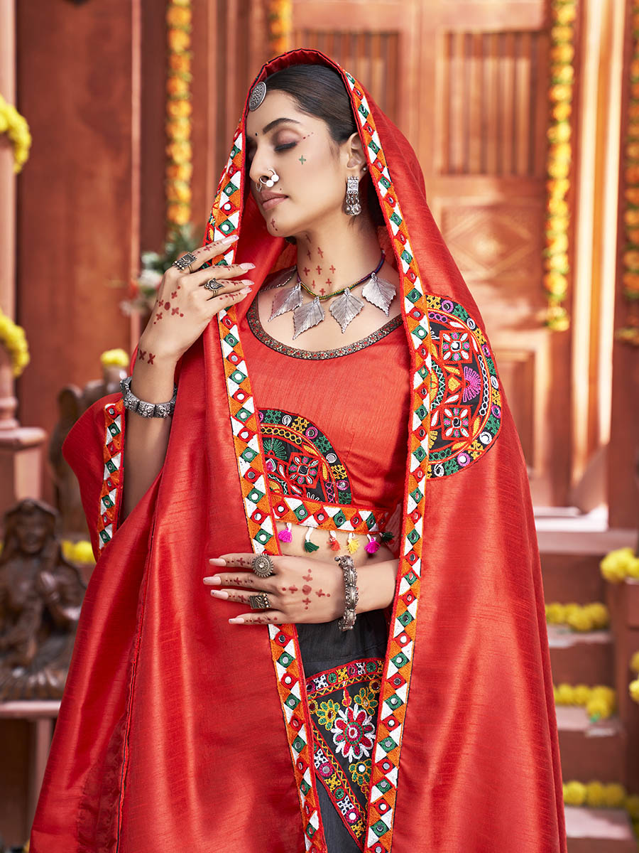 Myra Black Art Silk Gamthi Work Designer Lehenga | Grocsy